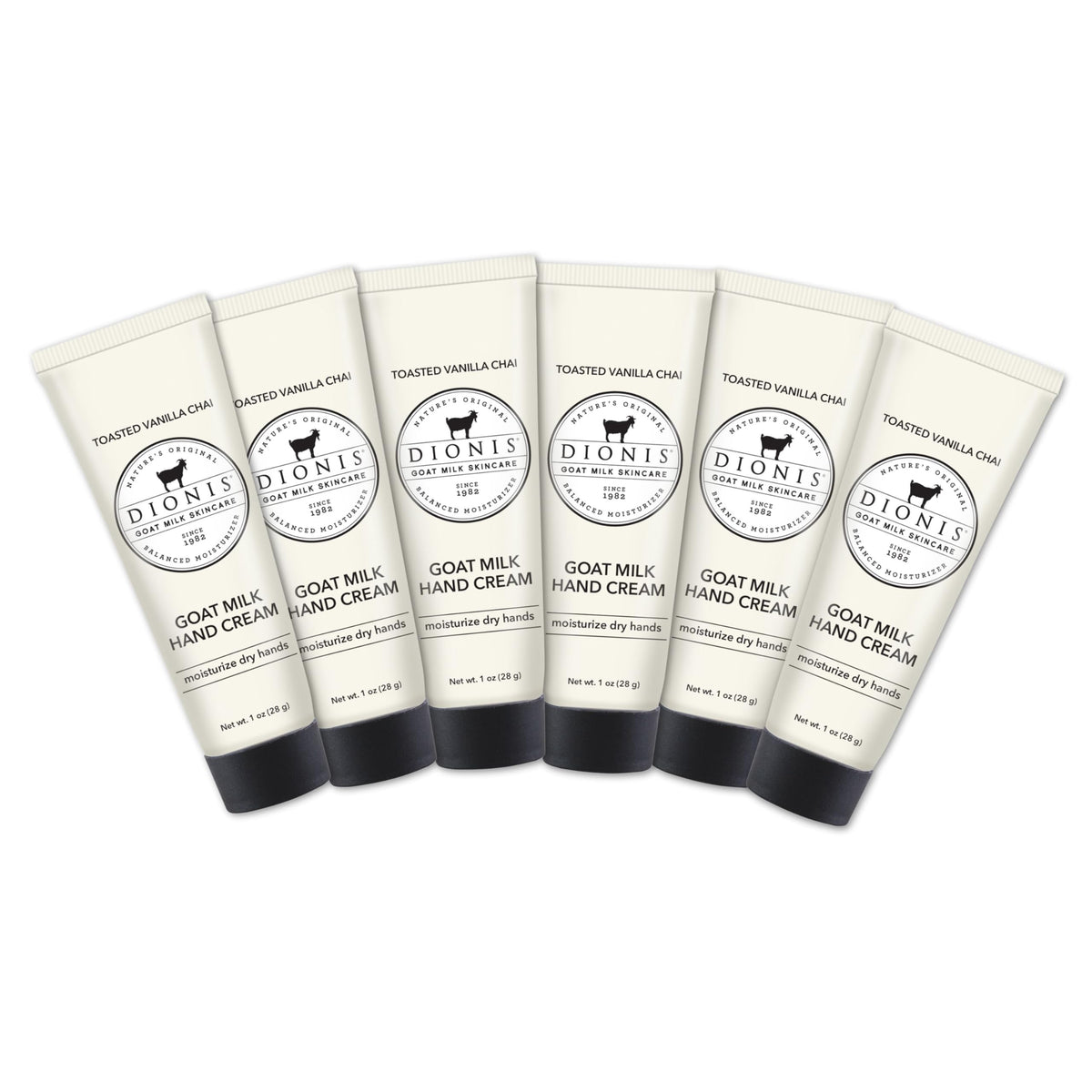 Dionis Crème mains lait chèvre Vanille Chaï, flacon élégant pour hydratation quotidienne.