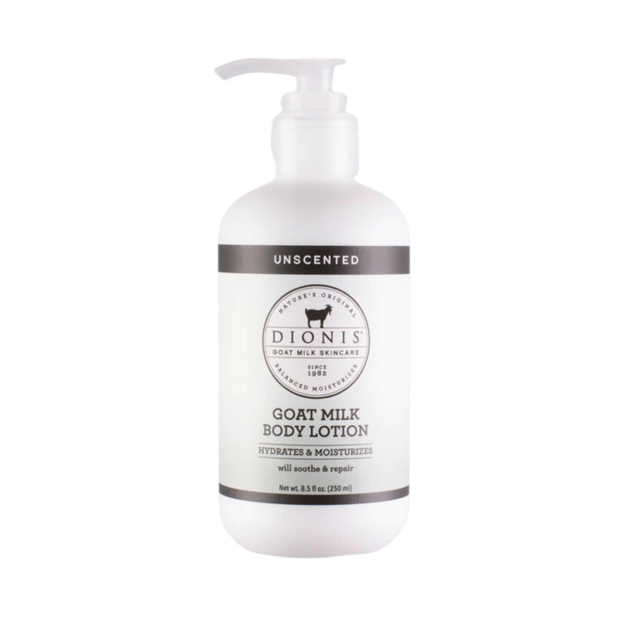 Lotion Dionis lait chèvre sans parfum, bouteille pratique pour peaux sensibles.