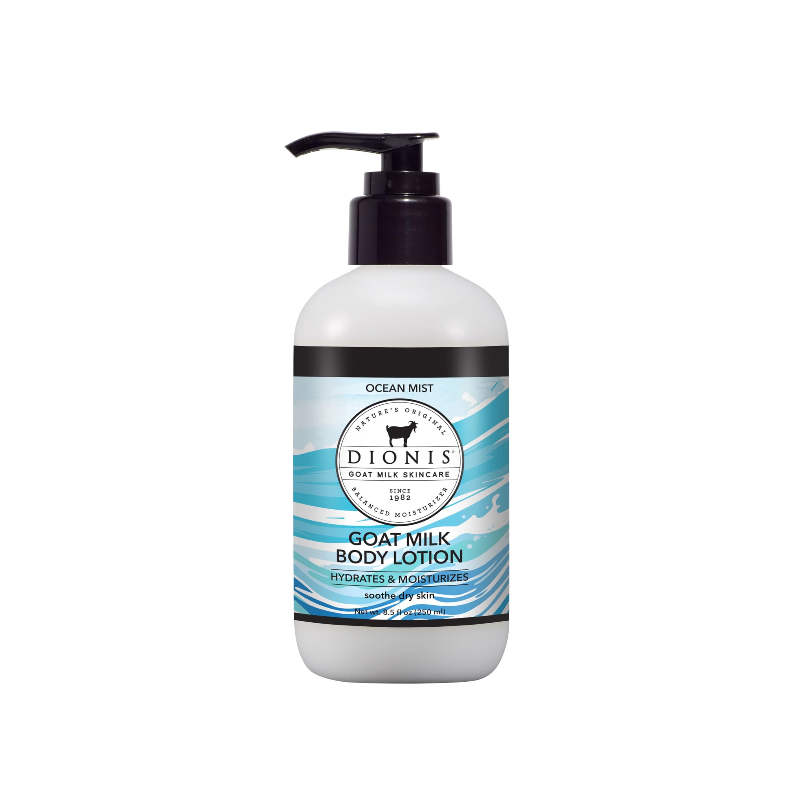 Lotion corporelle Dionis au lait de chèvre, brume océanique, hydratation légère et satinée.
