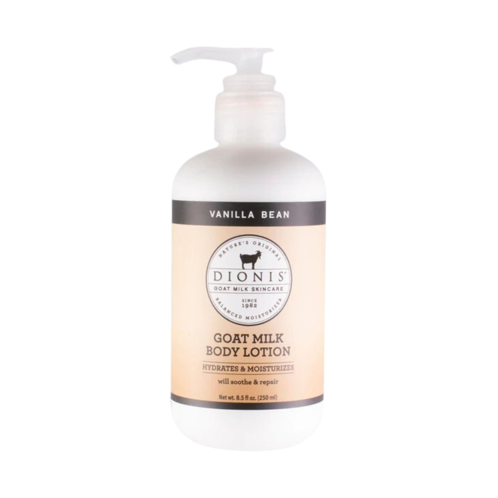 Lait Dionis au lait de chèvre vanille, bouteille élégante pour hydratation quotidienne.