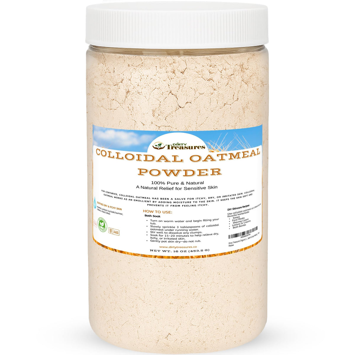 Dirty Treasures: flacon de bain à l’avoine colloïdale, douceur naturelle pour peau sensible.
