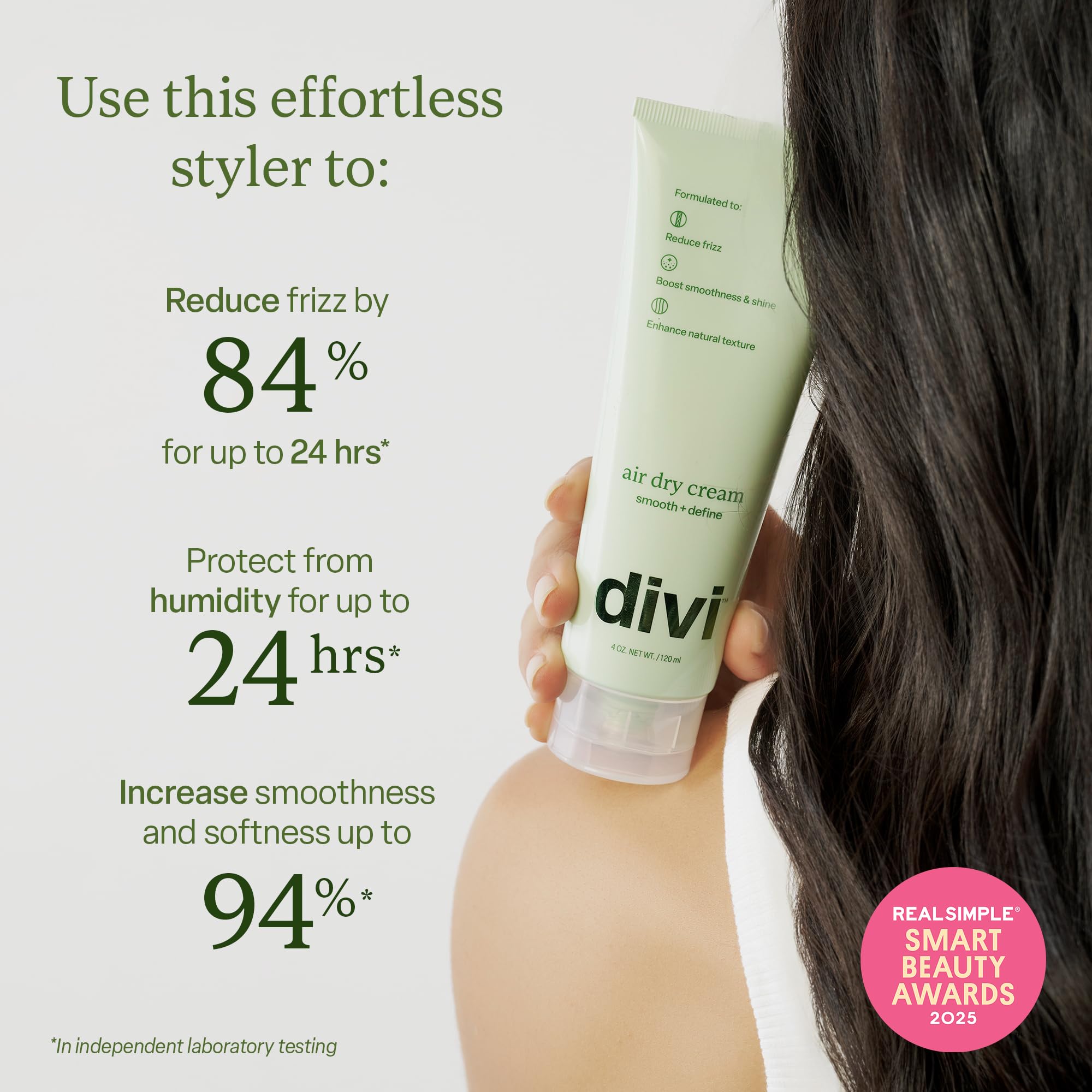 Divi Air Dry Crème texture légère domptant les frisottis et apportant douceur.