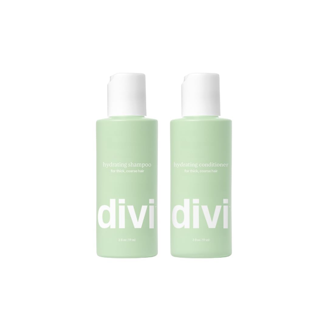 Bouteille shampoo Divi voyage, hydratation légère pour cheveux épais.