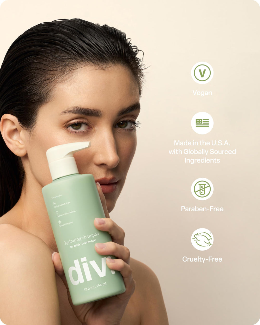 Divi shampooing hydratant, sensation menthol rafraîchissante du cuir chevelu.