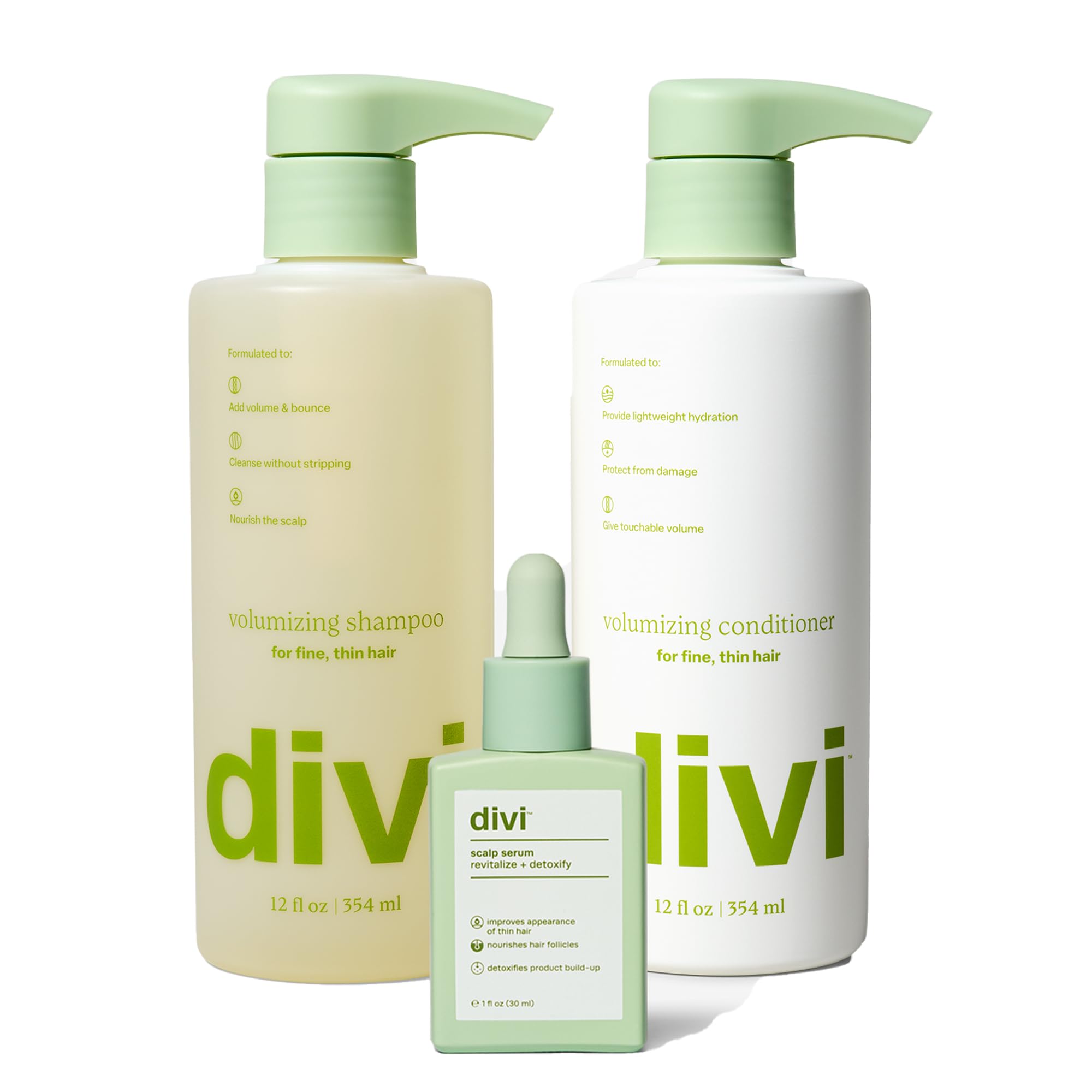 Shampooing volumisant Divi en bouteille, donne du volume aux cheveux fins.