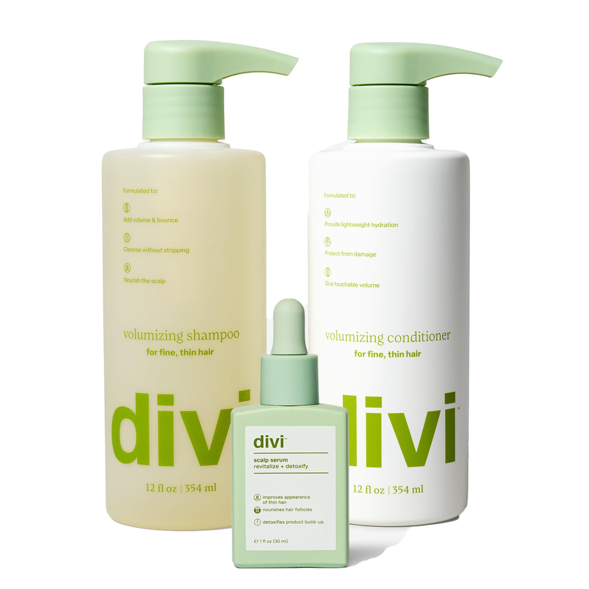 Shampooing volumisant Divi en bouteille, donne du volume aux cheveux fins.