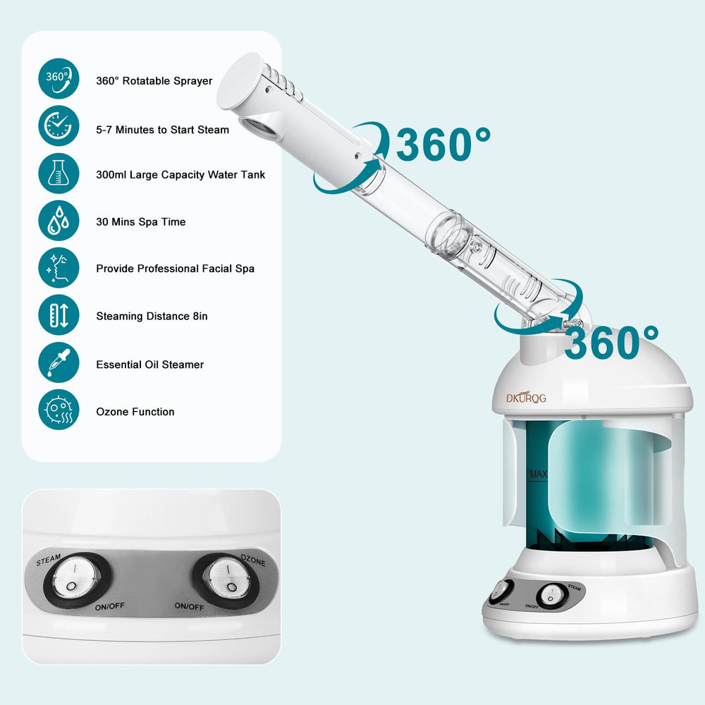Steamer visage bleu DKURQG, dispositif compact et efficace.
