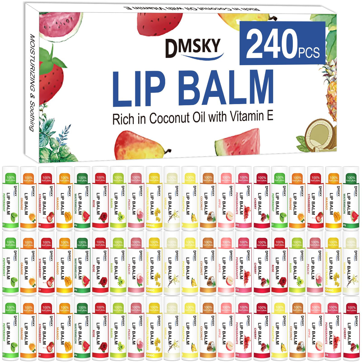 DMSKY pack de 240 baumes à lèvres avec saveurs variées pour une hydratation durable.