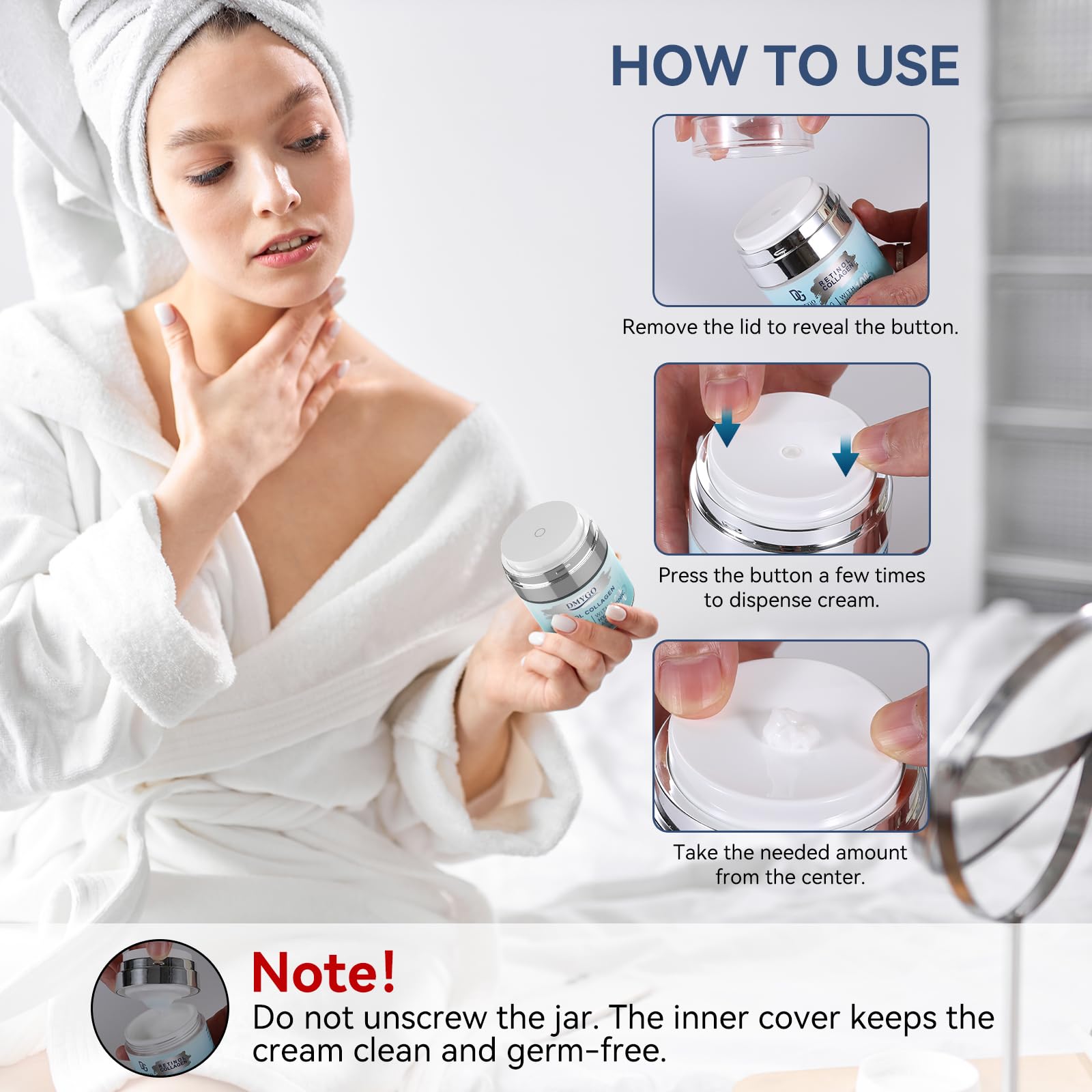 DMYGO Crème cap intérieur à pression – dispense la dose parfaite sans gâchis.
