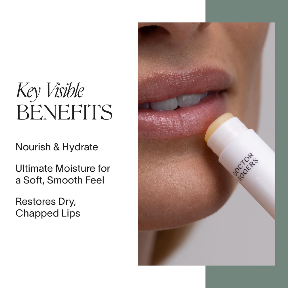 Tube compact Doctor Rogers Lip Balm en gros plan, retouches rapides et hydratantes.