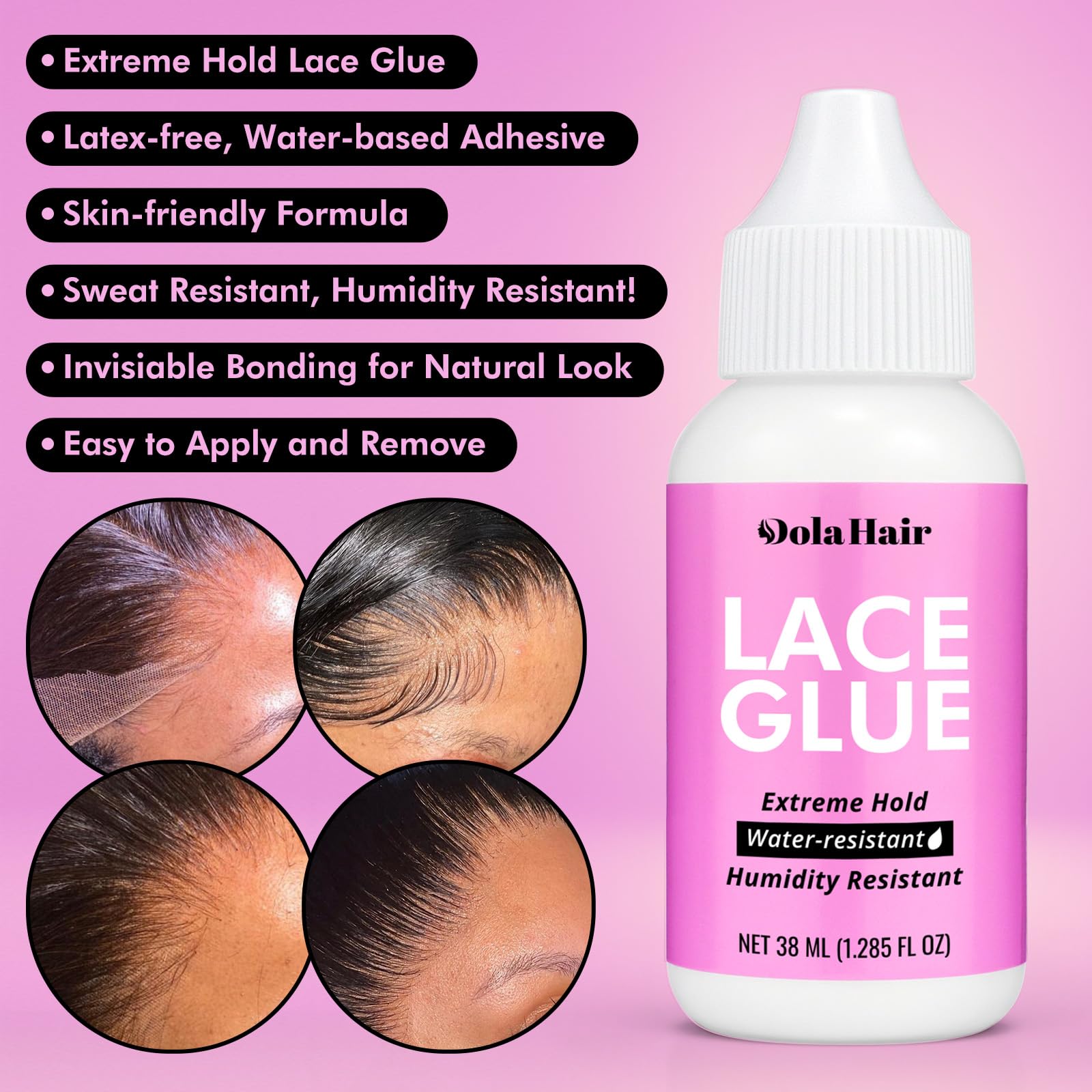 Dolahair colle pour front en dentelle : application en couches fines pour adhérence naturelle et discrète.