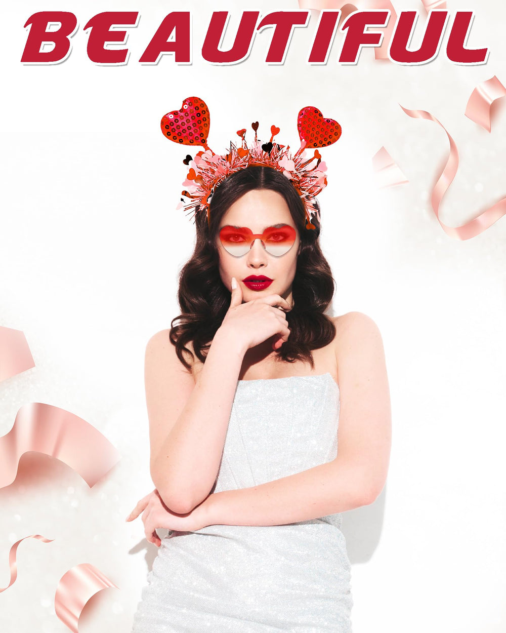 Dolkoic bandeau coeur valentines porté sur mannequin, montre comment l'accessoire complète une tenue festive.
