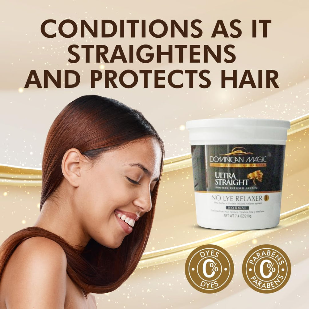 Dominican Magic relaxer: résultats de lissage brillant et frizz maîtrisé après traitement.