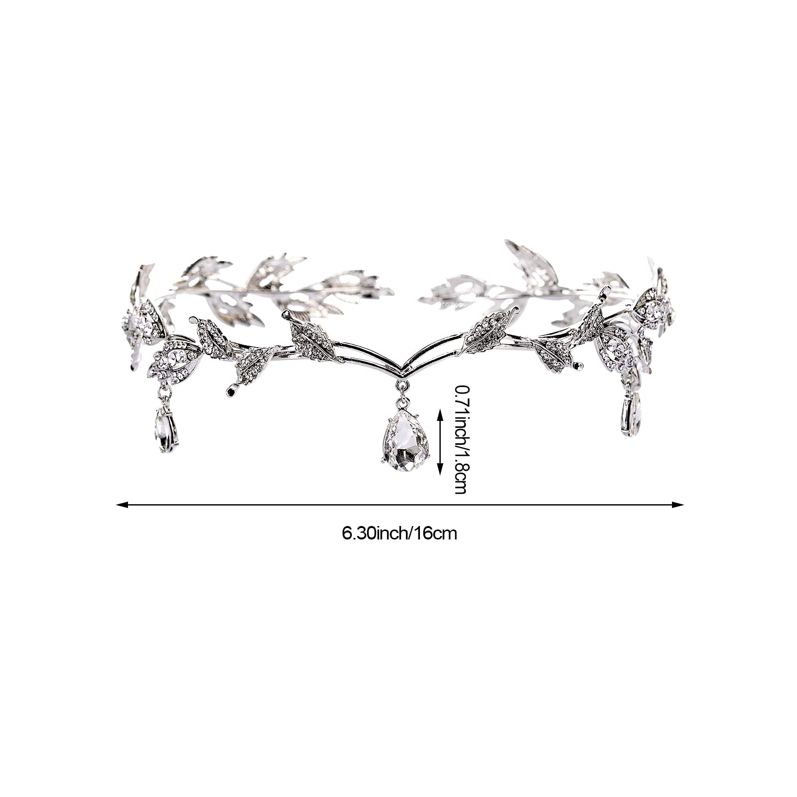 Couronne argentée avec feuilles et cristaux, scintillante pour cérémonie.