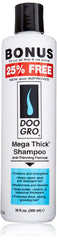 Flacon Doo Gro Mega Thick Growth Shampoo montrant l'étiquette et l'effet épaississant
