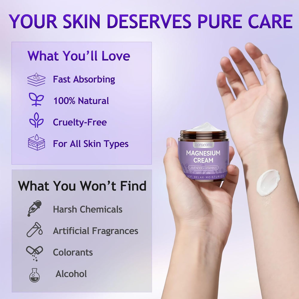 Doracome Lotion magnésium, pratique en voyage ou au bureau pour hydrater mollets et pieds.
