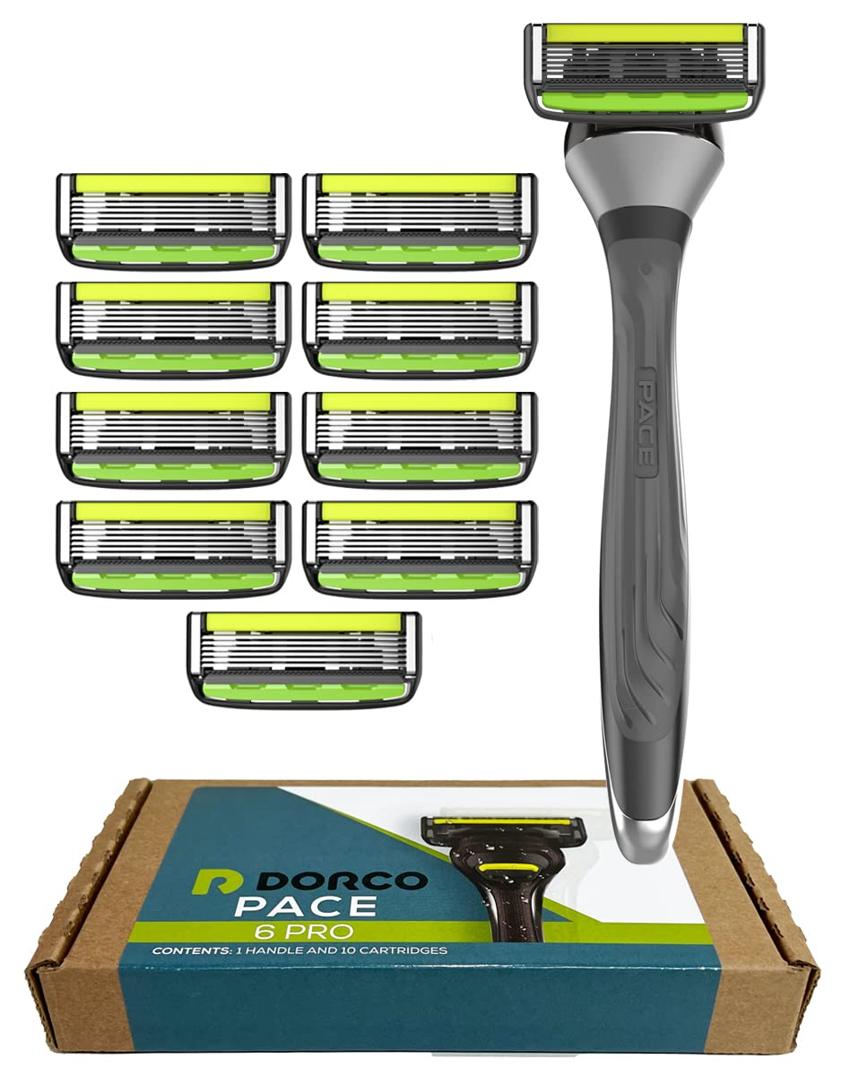 Dorco Pace 6 Pro avec poignée ergonomique pour un rasage doux et précis.
