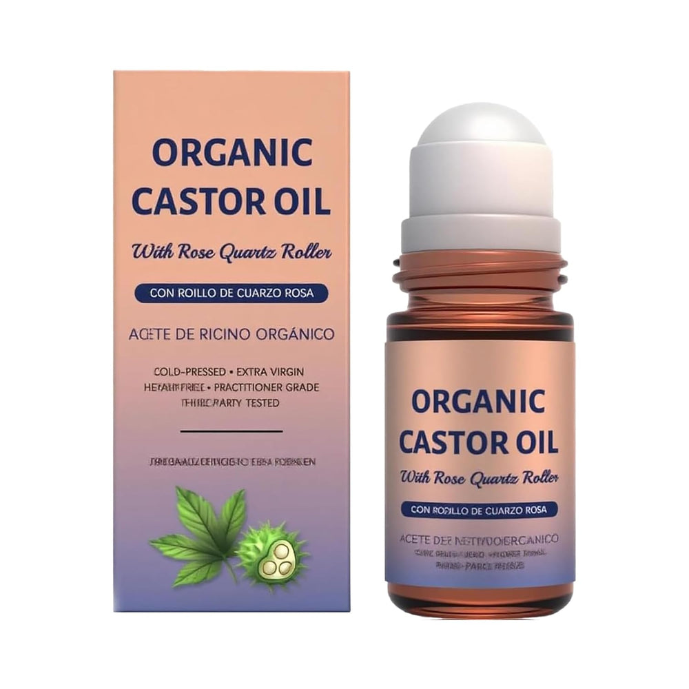Dosoecse huile ricin bio avec rouleau rose quartz, pour une application ciblée.