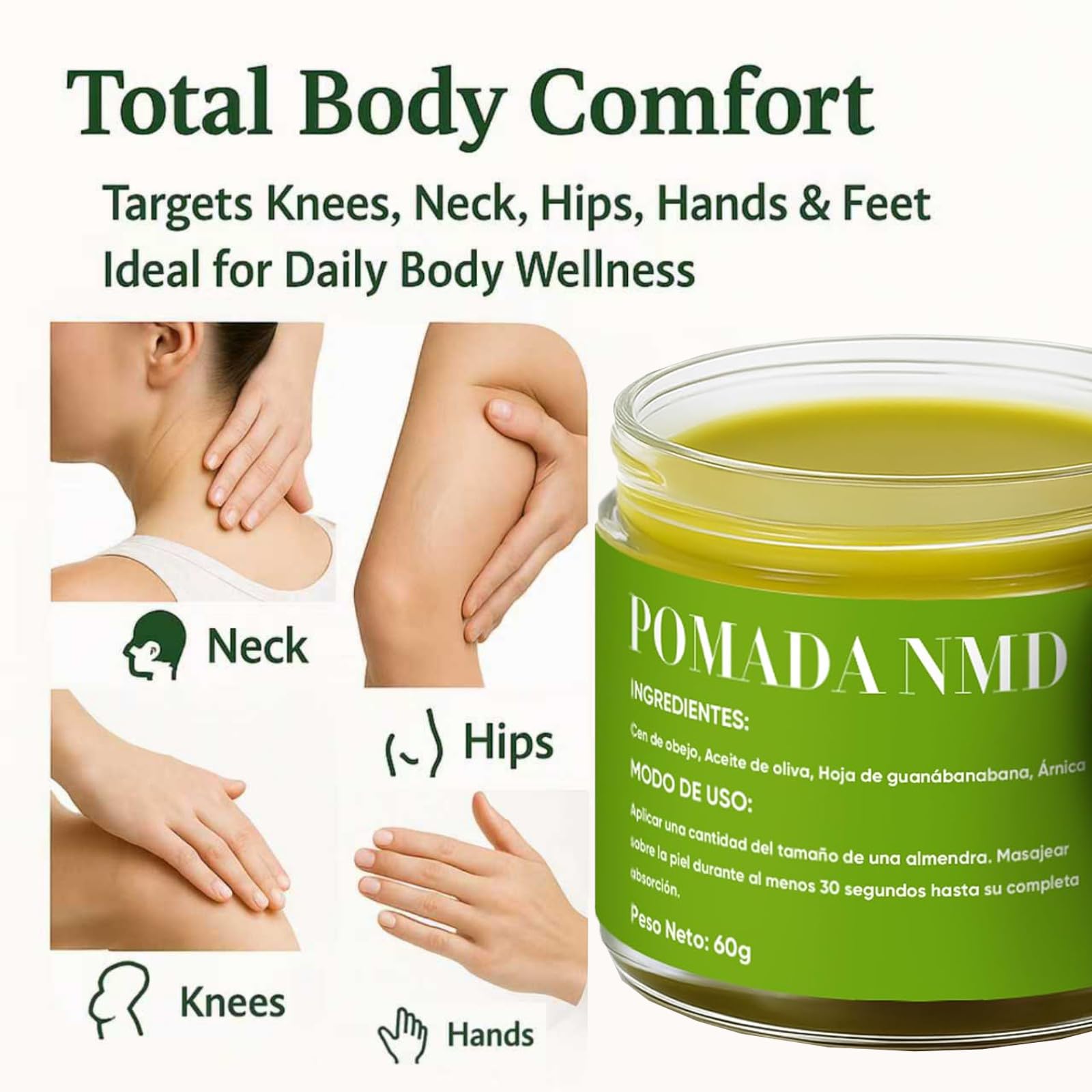 Dotkara NMD ingredients blend highlighting botanical oils and arnica.