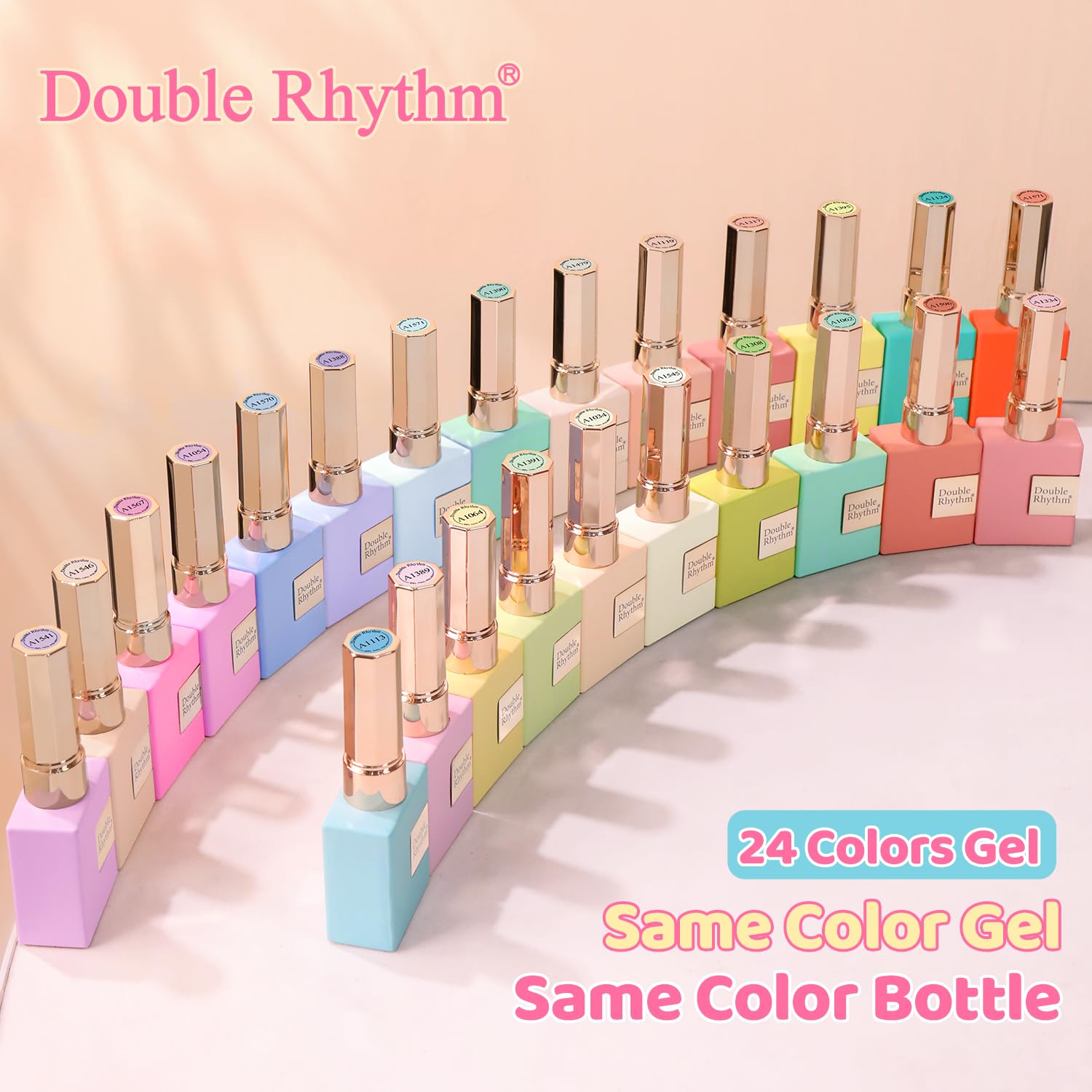 Double Rhythm bouteilles vernis gel 15 ml avec pigmentations riches et éclat lumineux.