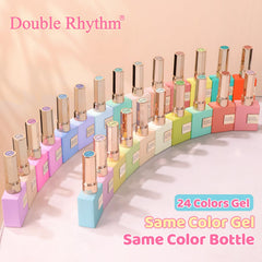 Double Rhythm bouteilles vernis gel 15 ml avec pigmentations riches et éclat lumineux.