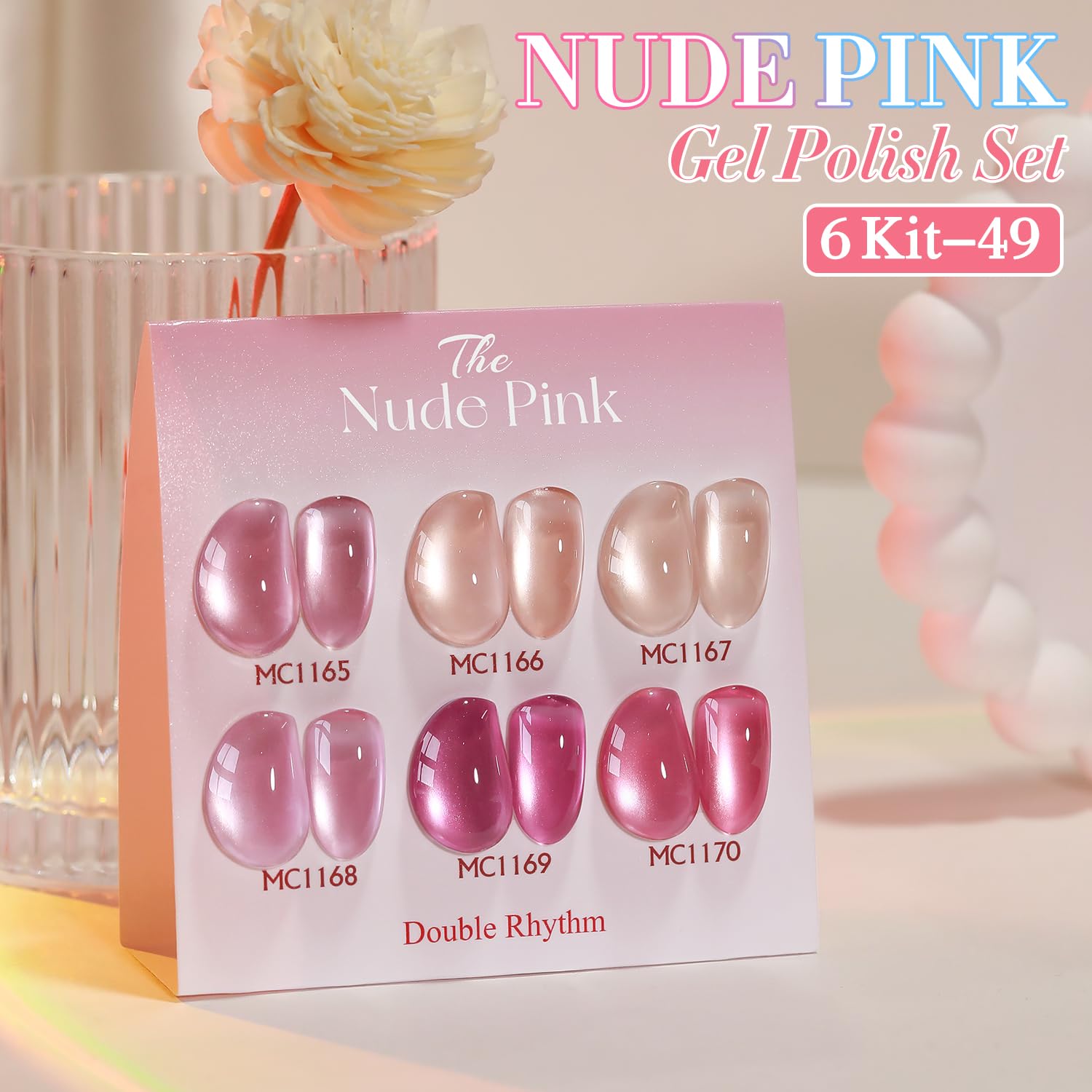 Flacons Double Rhythm œil-de-chat, six vernis gel, facettes colorées prêts à l'application.