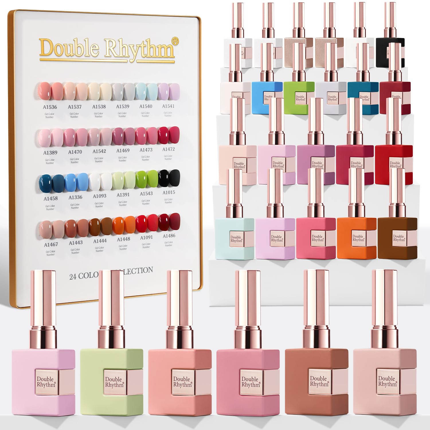 Double Rhythm – ensemble vernis gel 28pcs, bouteilles identiques pour une application homogène.