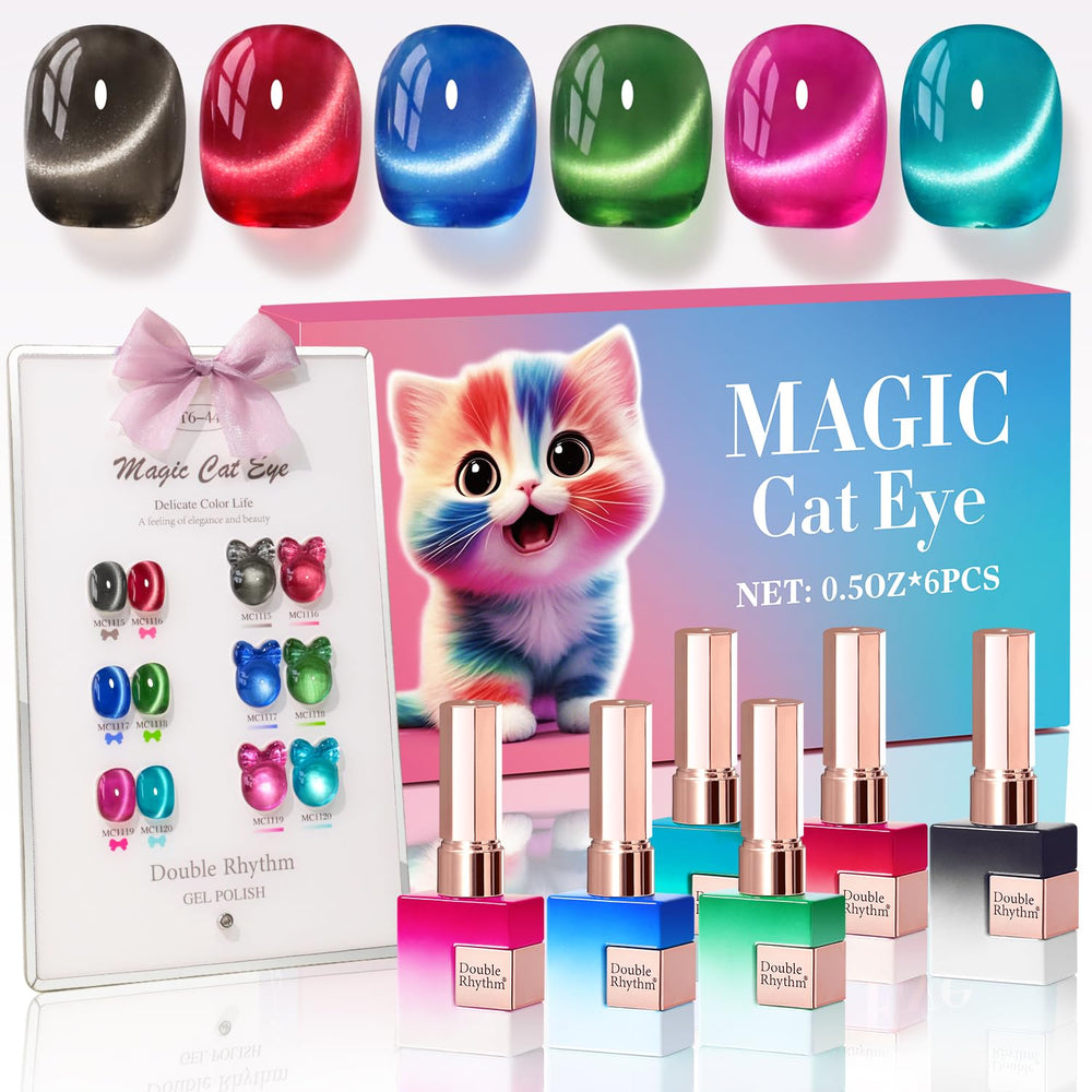 Gel Double Rhythm œil-de-chat, ensemble de 6 flacons, couleurs coordonnées pour un look durable.