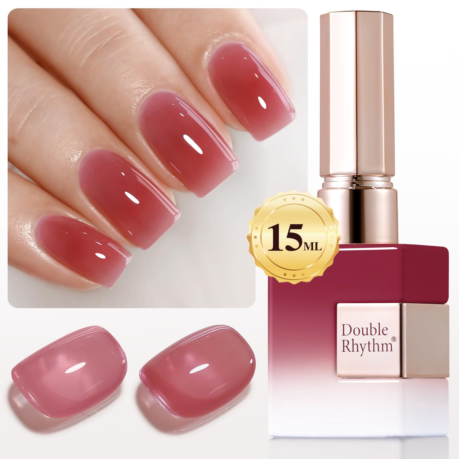 Gel translucide Double Rhythm sur bouteille, échantillon couleur et brillance