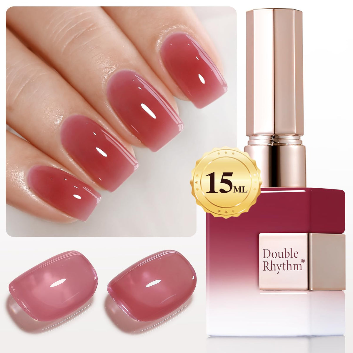 Gel translucide Double Rhythm sur bouteille, échantillon couleur et brillance