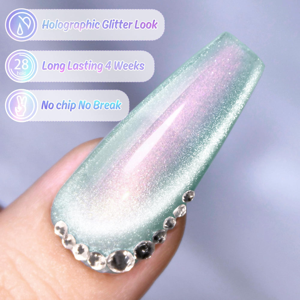 Double Rhythm holographic reflective nails under bright light