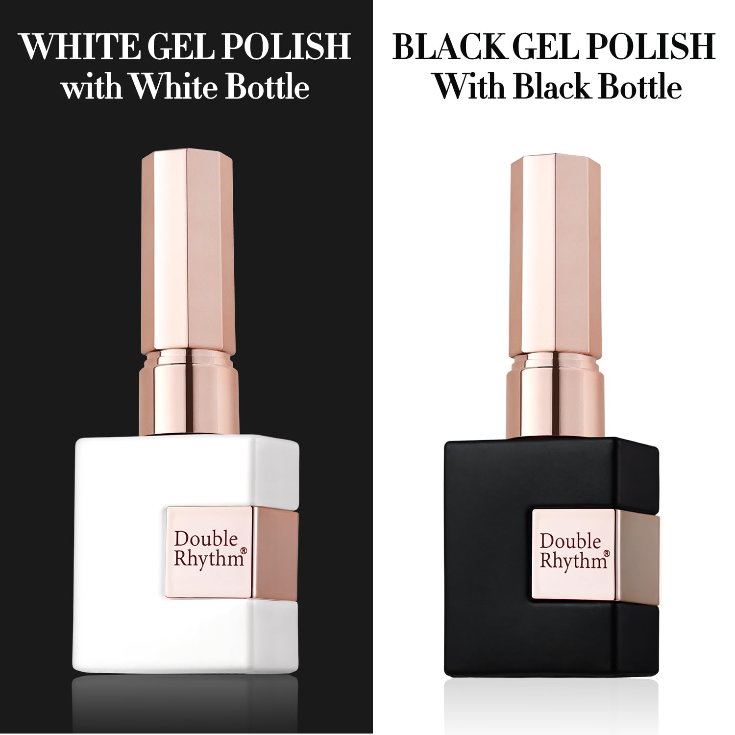 Vernis gel Double Rhythm noir profond dans une bouteille carrée, look chic et tenue possible.
