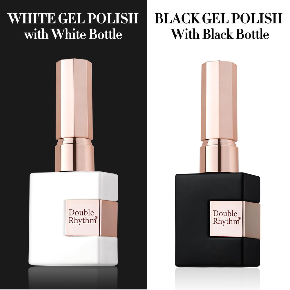 Vernis gel Double Rhythm noir profond dans une bouteille carrée, look chic et tenue possible.
