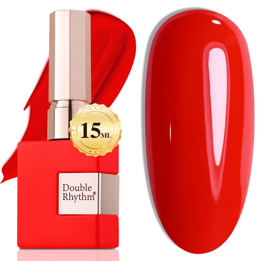 Vernis gel Double Rhythm rouge brillant dans sa bouteille et prêt pour l'application
