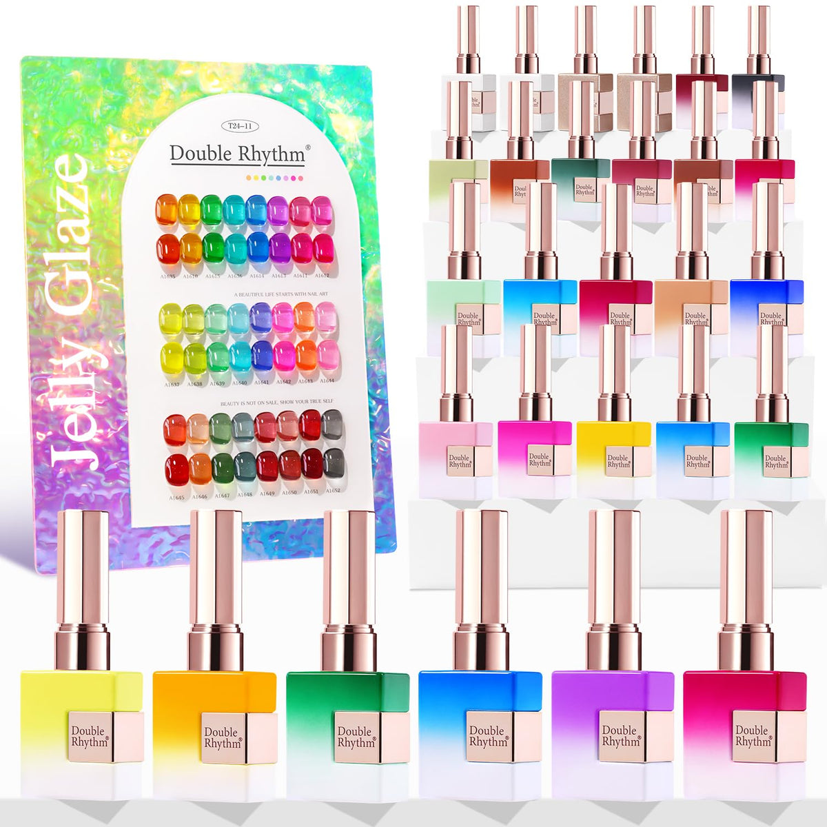 Double Rhythm vernis gel Neon Jelly collection sur bouteille identique, parfait pour une manucure à domicile.