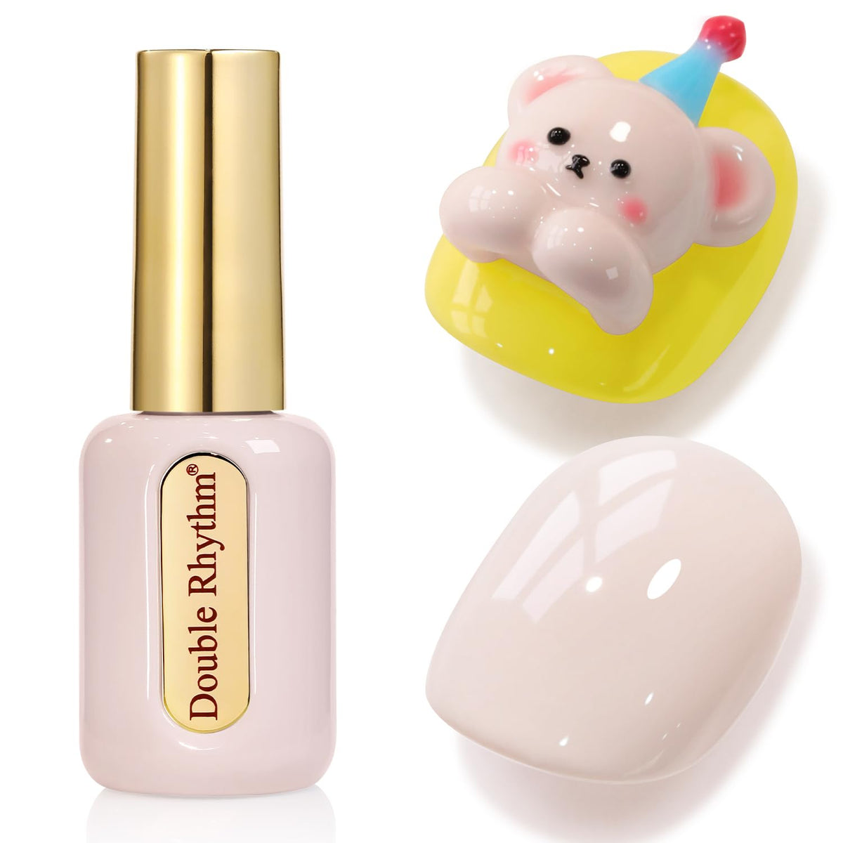 Double Rhythm vernis gel, bouteille ronde dorée, 15 ml, pour une application précise et durable.