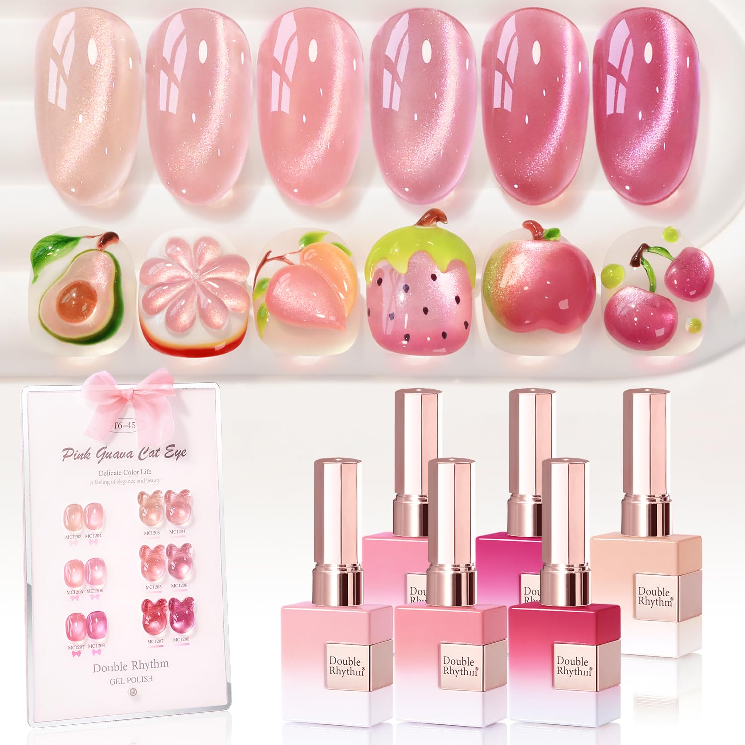 Double Rhythm vernis gel effet œil de chat – bouteille rose, fini durable.