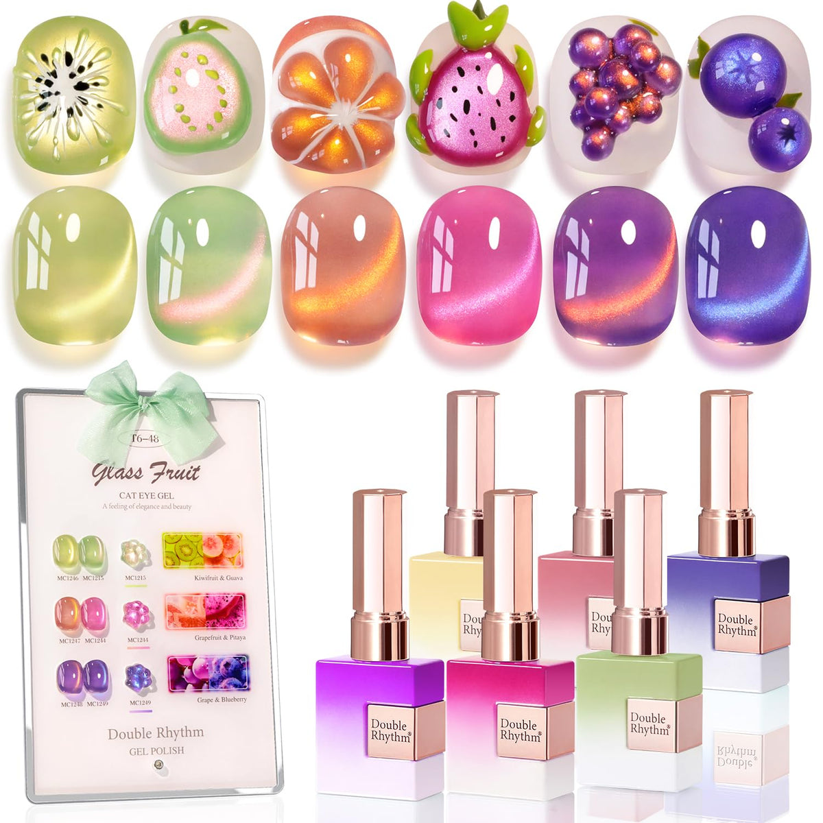 Vernis gel Double Rhythm Fruit Cat Eye Rose Verre, effet miroir holographique sur les ongles.