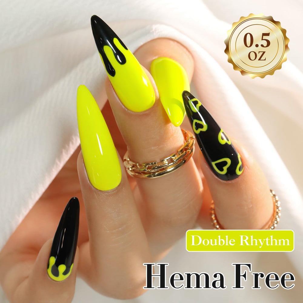 Vernis gel Double Rhythm jaune neon, flacon de 15 ml prêt à l’emploi.