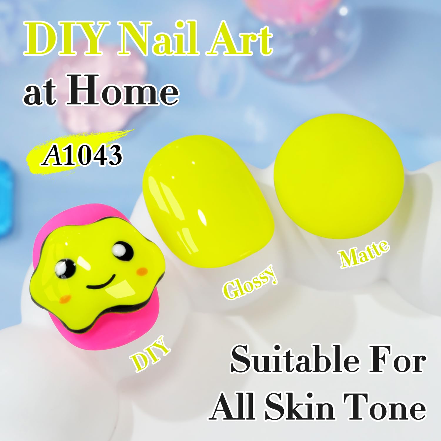 Effet vernis gel jaune neon brillant et uniformisé sur ongle.