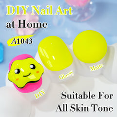 Effet vernis gel jaune neon brillant et uniformisé sur ongle.