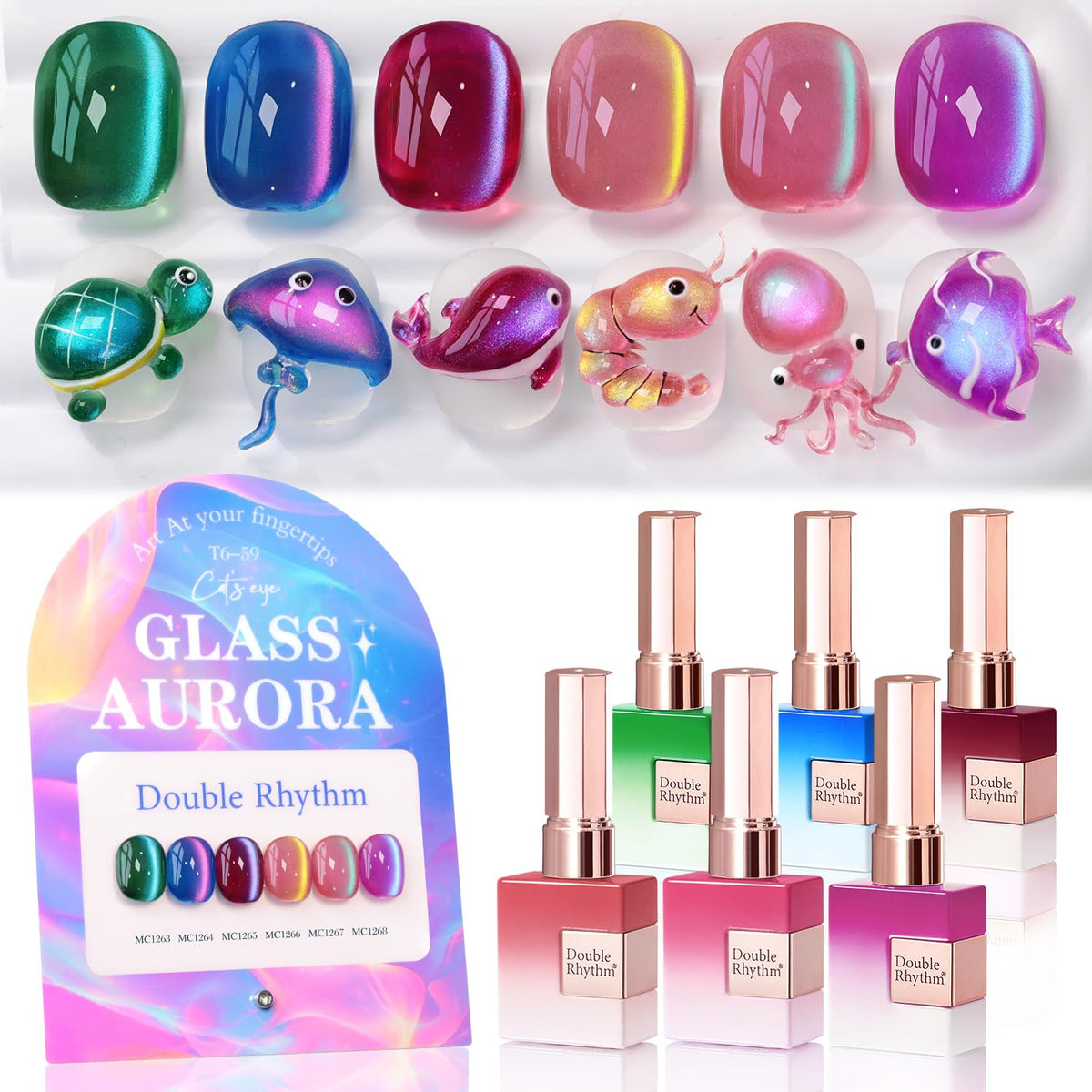 Vernis gel Double Rhythm œil-de-chat, flacon vert-glace, révèle un effet œil-de-chat lumineux.