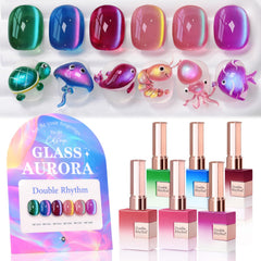 Vernis gel Double Rhythm œil-de-chat, flacon vert-glace, révèle un effet œil-de-chat lumineux.