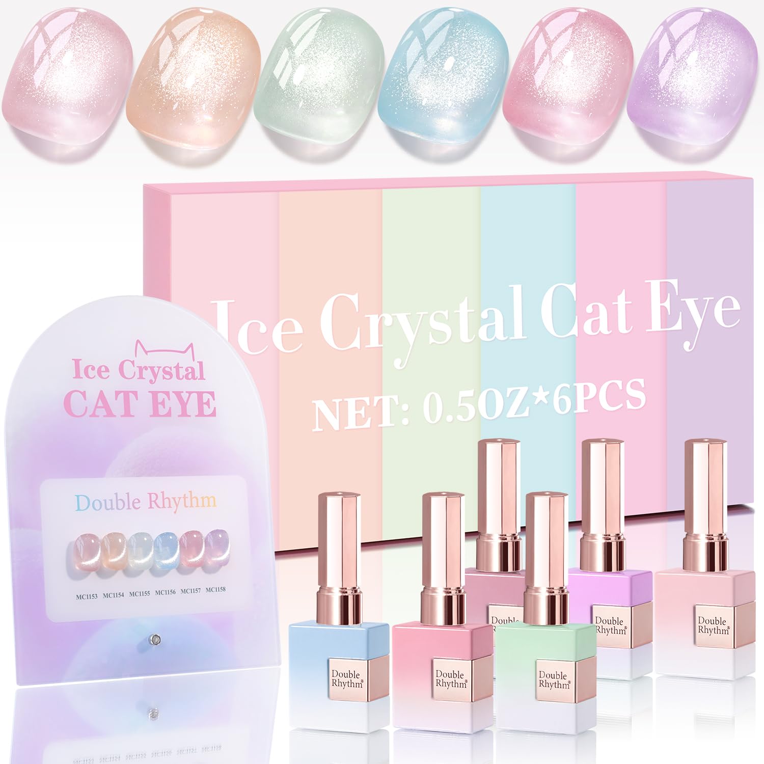Double Rhythm vernis gel œil-de-chat: six flacons identiques avec échantillons.