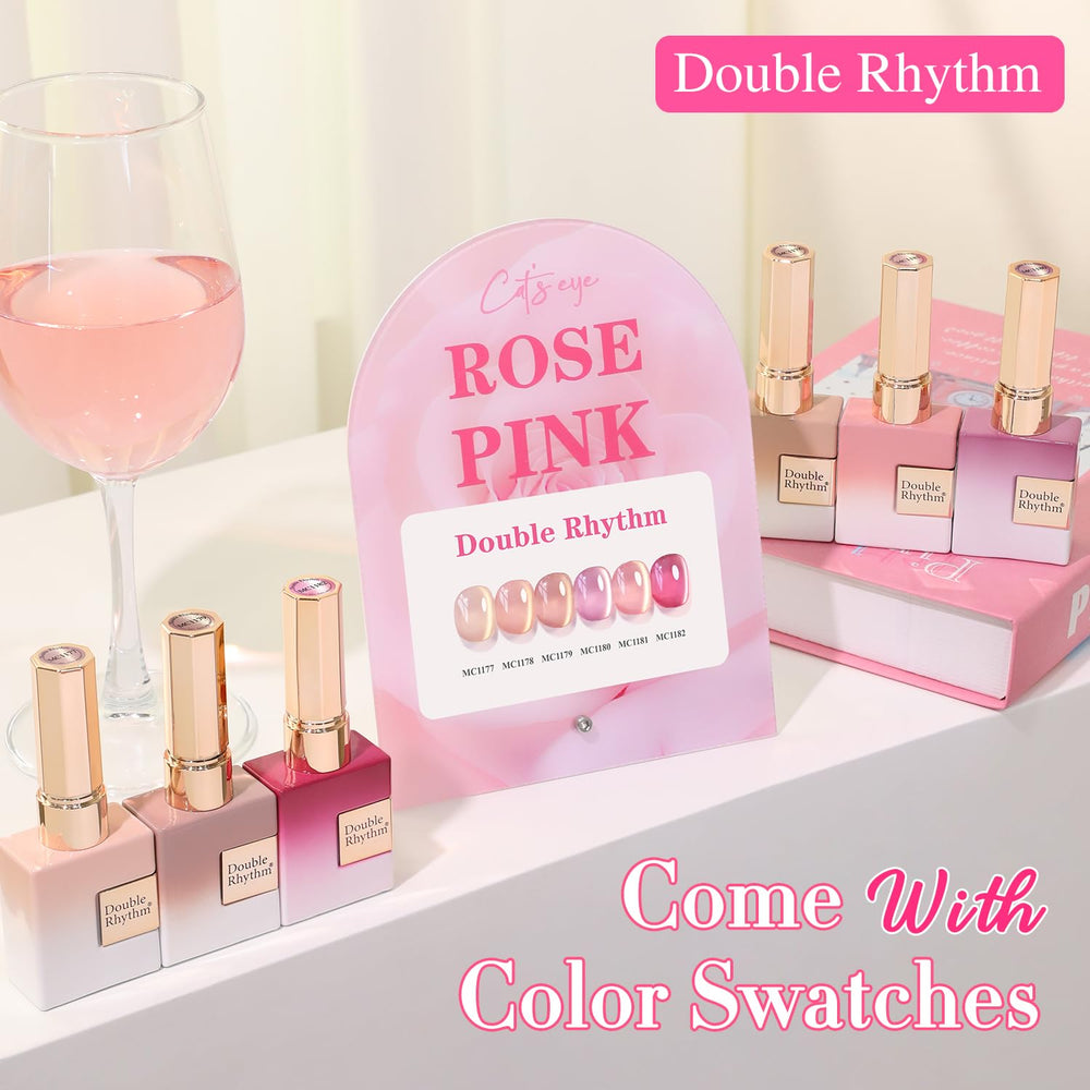 Double Rhythm vernis gel rose nude avec effet holographique magnétique pour un look scintillant.