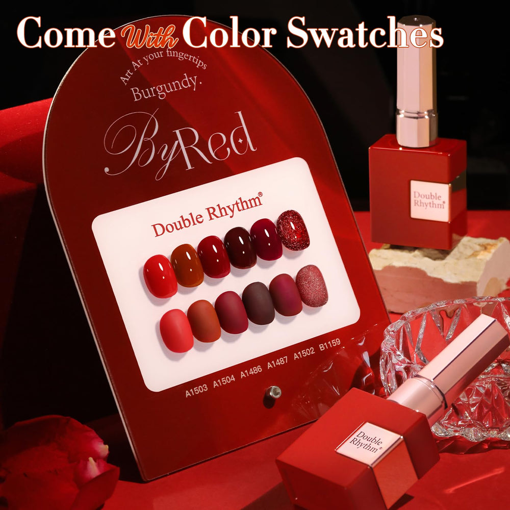 Double Rhythm vernis gel rouge cerise sombre, flacon 15 ml, couleur riche et couvrante.