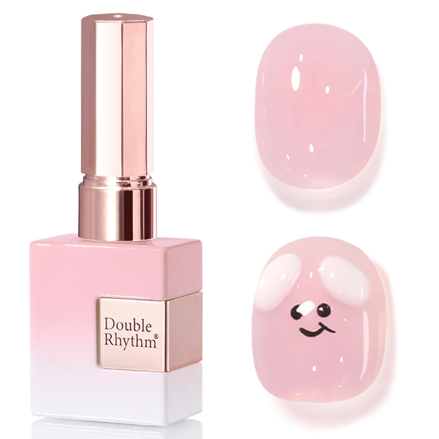 Vernis gel translucide Double Rhythm sur bouteille identique pour rendu naturel et rose pâle.