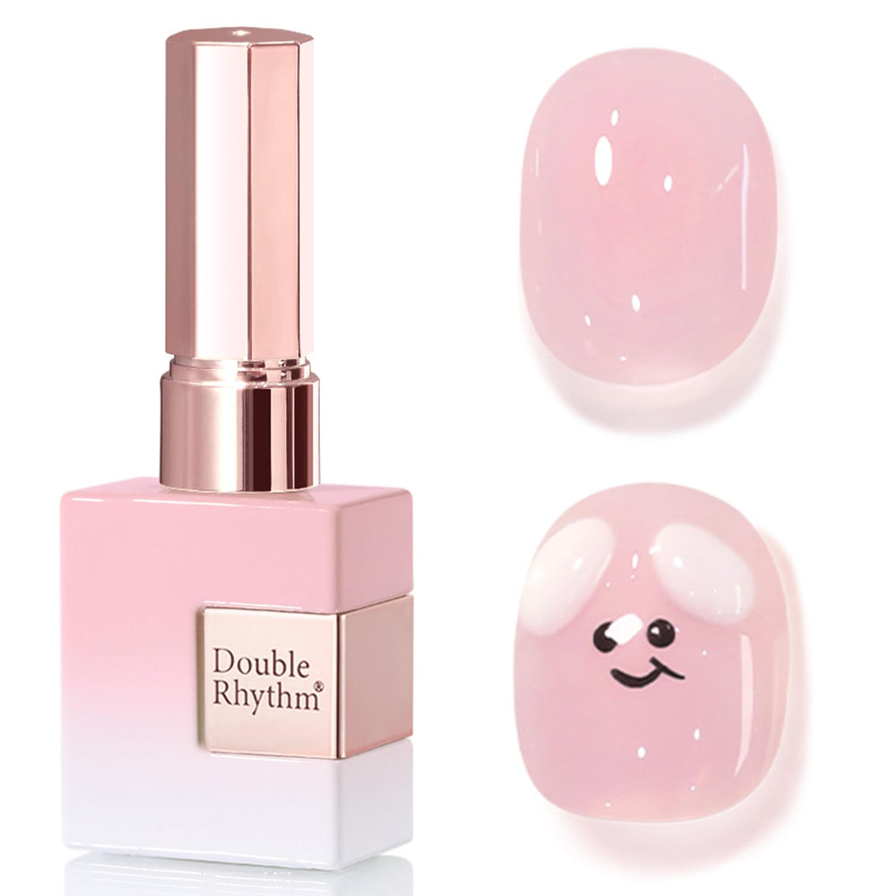 Vernis gel translucide Double Rhythm sur bouteille identique pour rendu naturel et rose pâle.