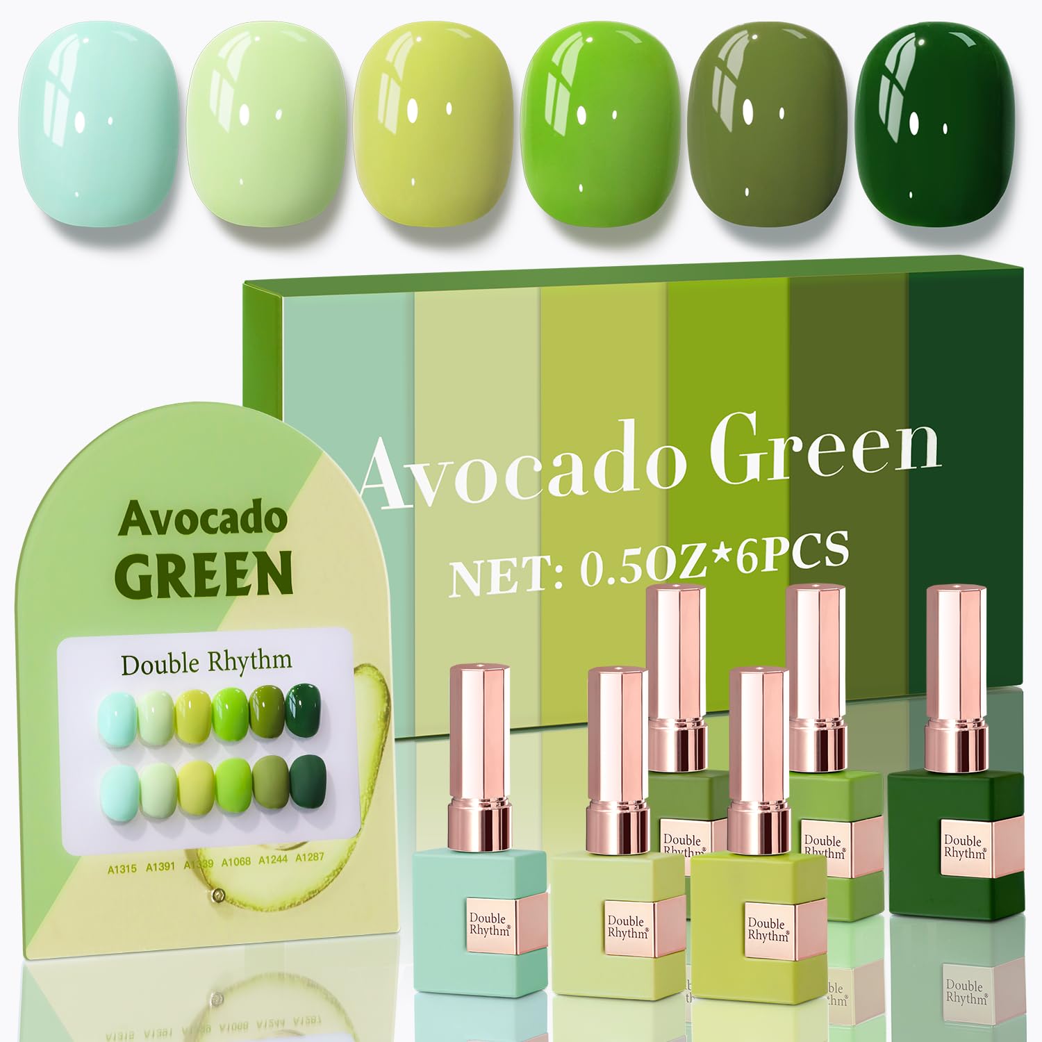 Double Rhythm vernis gel 6 pièces 15 ml, flacons identiques pour une couleur homogène.