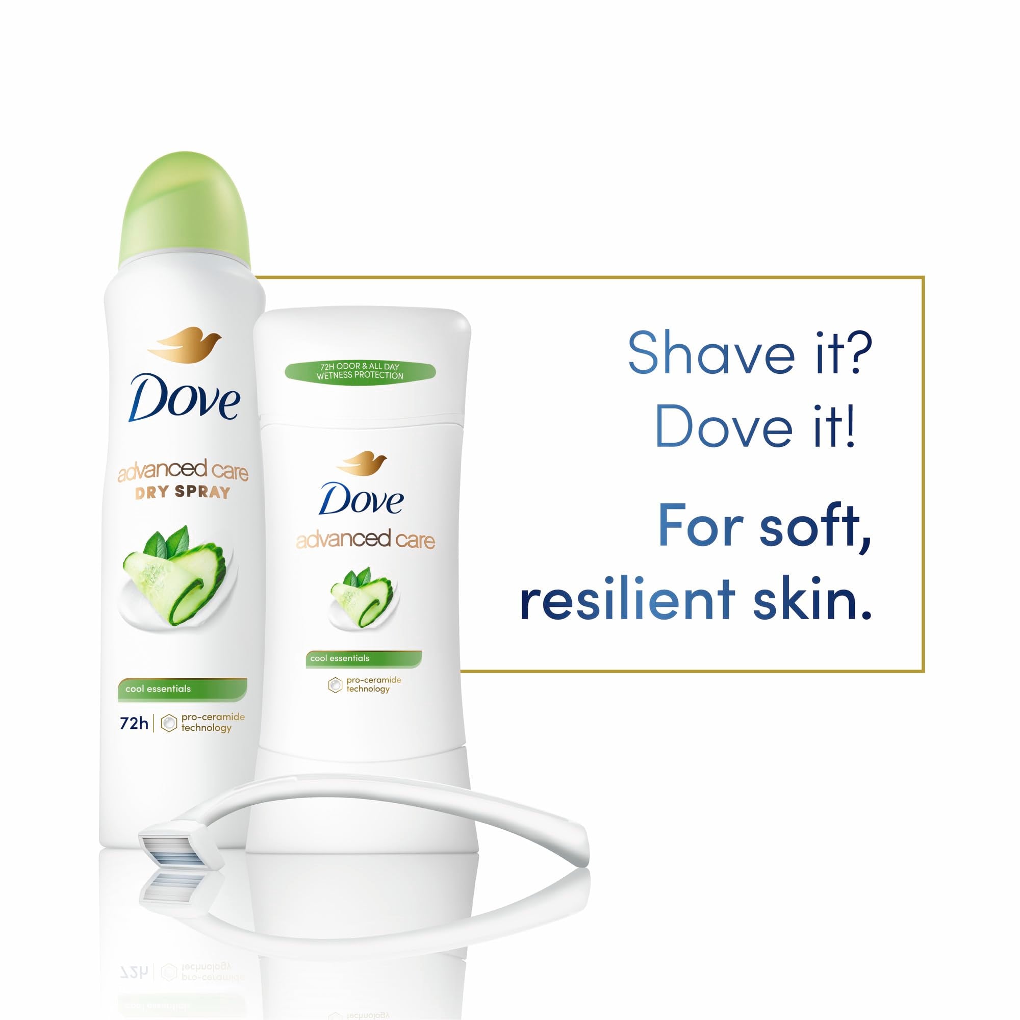 Dove Advanced Care Cool Essentials four-pack packaging displayed.
